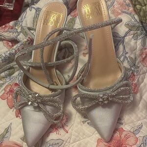 Women's Silver Heels with Rhinestone Bow